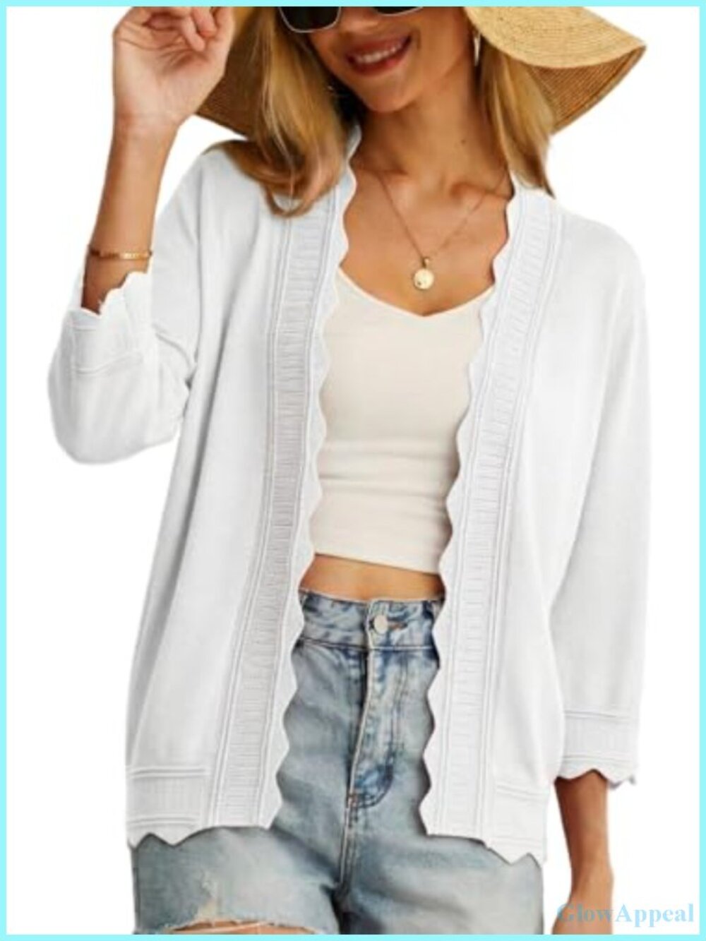 Lightweight Knit Cardigan 3/4 Sleeve Scalloped Trim Open Front Summer Bolero